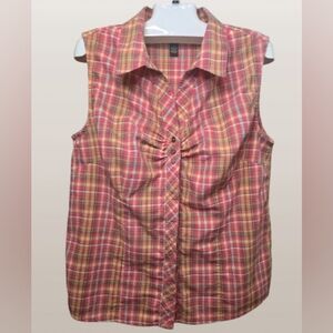 Bit‎ & Bridle Plaid Sleeveless Button Down Shirt - Pink and Yellow